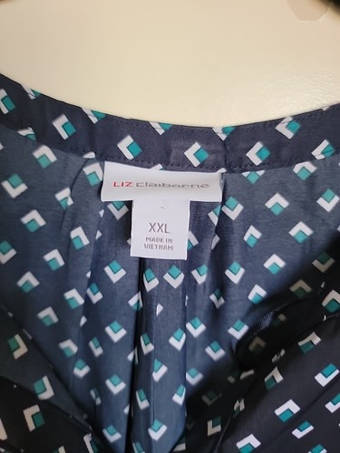 Liz Claiborne Damen XXL Top dunkelblau weiß Geo Prints Bluse V-Ausschnitt - Bild 2 von 3