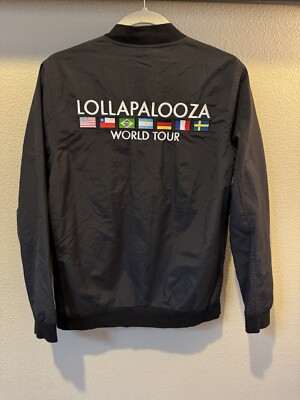 Strata Lollapalooza Music Festival Black Bomber Jacket Flag Patches XL