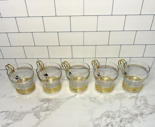 5 Vintage Libbey Gold Greek Key Glass Continental Coffee Cups w/ Metal Holders