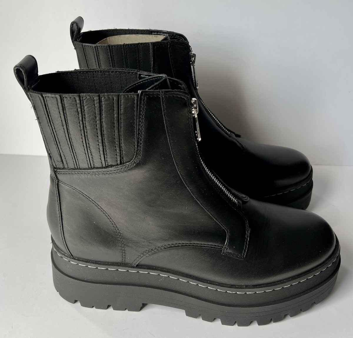 Marc Fisher LTD Prisco Zip Front Leather Bootie Lug Sole Boots Sz