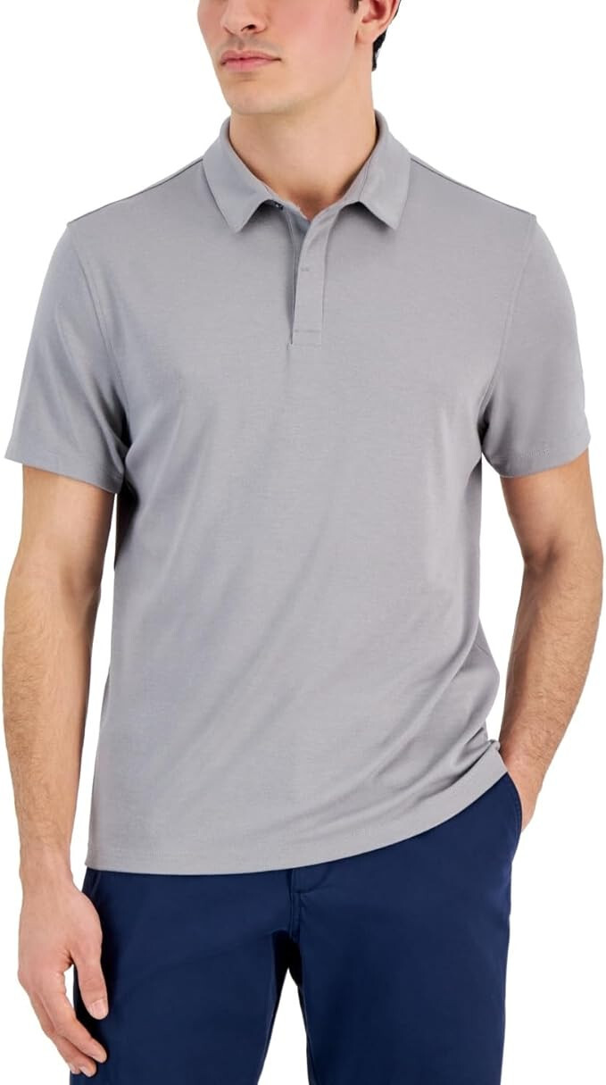 Мужская рубашка поло Alfani Regular fit с коротким рукавом однотонная стрейчевая штормового серого цвета большого размера 5990₽