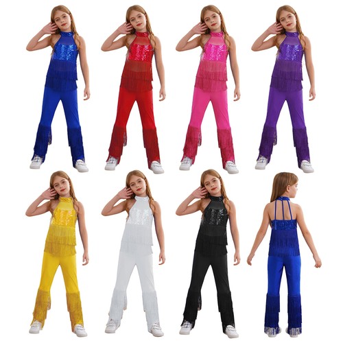 Kids Girls Leotard Long Rompers Fancy Jumpsuit Halter Bodysuit Latin Outfit - Picture 5 of 95