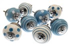 Cupboard Door Knobs Dots and Stripes in Sky Blue and White Kitchen Set of 10
