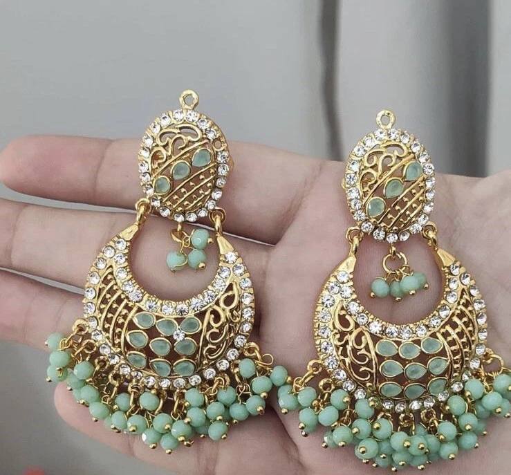 Beautiful Jhumka Jhumki Polki Wedding Earrings Light Green Gold Mendhi Party