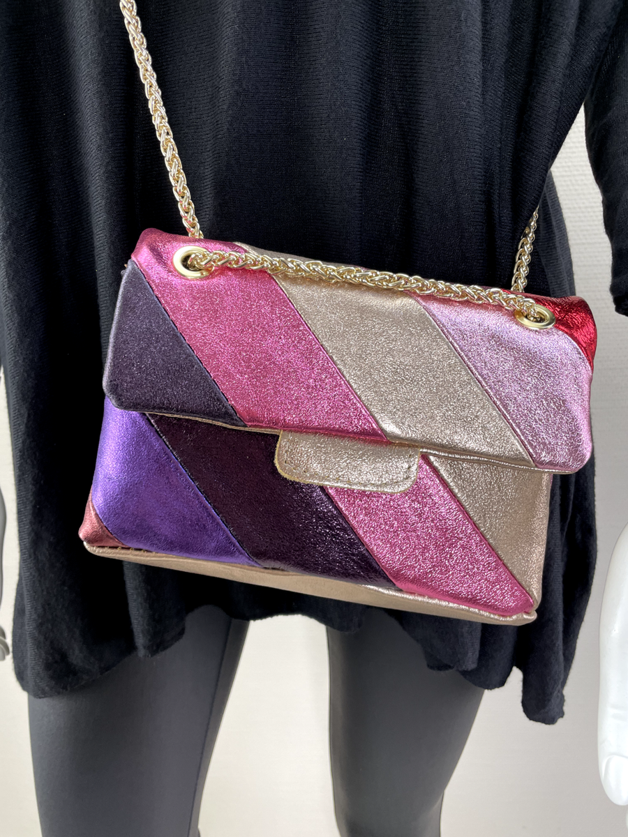 Leder Patchwork Metallic pink bunt Crossbody Tasche Kettengurt
