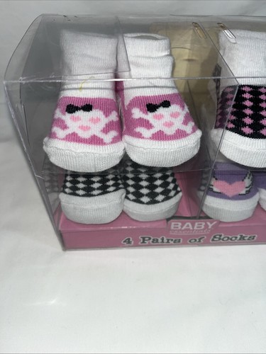 NIB Pack Of 4 Baby Essentials Girls Pink Purple Socks. 0-6 Months Misc Designs. - Picture 2 of 10