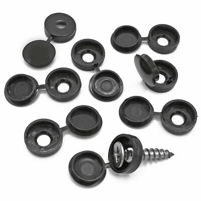 SISI UK BLACK PLASTIC FOLD OVER HINGED SCREW COVER CAPS PACKS 10 TO 10,000 SMALL 6G - 8G