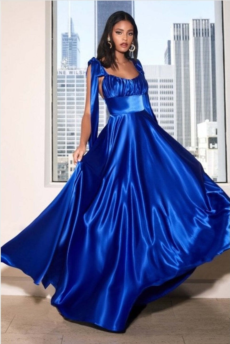 Blue Bow Tie Shoulder Strap Maxi Dress