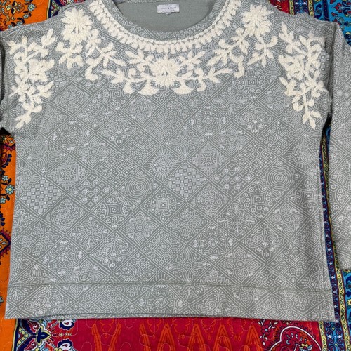 Lucky Brand Gray BOHO Long Sleeve Pullover Knit Sweater Floral Lace Embroidery L - Picture 3 of 13