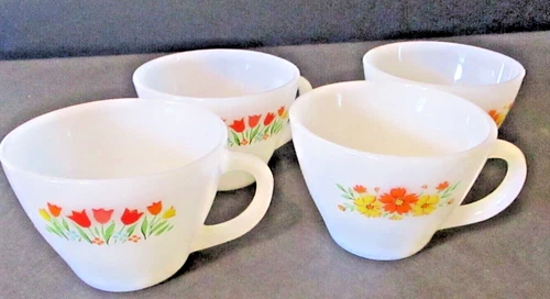 Vintage Fire King Anchor Hocking Tulip & Floral Milk Glass Coffee Tea Cups Set 4