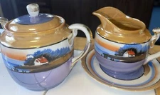 Hotta Yu Shoten & Co VTG  Sugar Bowl/Lid Creamer/Saucer Lusterware Lake House