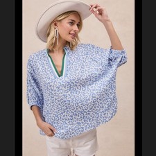 Bibi NEW Women s Blouse Size Small White Blue Dolman Short Sleeve Leopard Print