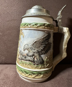 Vintage German Style Wildlife Stein Hawk, Duck & Marsh Scene Pewter Lid Raptor