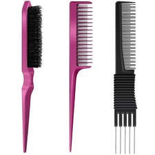 3 Pieces Pick Teasing Combs Hair Brush Set 3 Piece Set, Black and Rose Red 