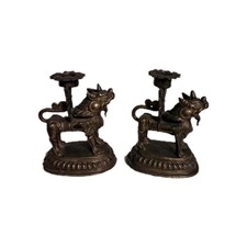 Vintage Paire OF Tibetan Bronze Kylin Foo Dog Lion Candle Holder
