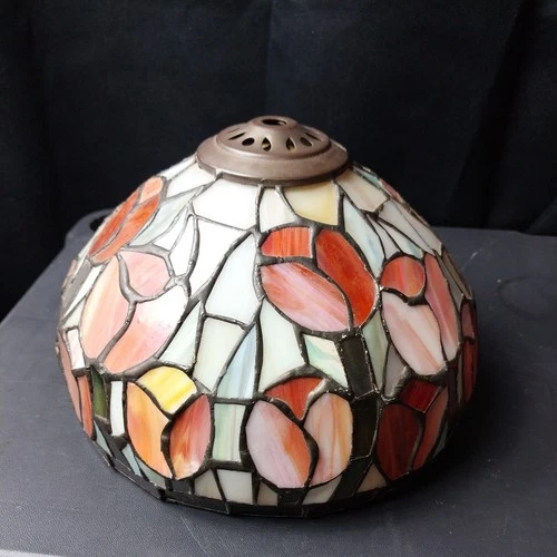Vintage Tiffany Style Stained Glass Lamp Shade Floral TULIPS orange browns green