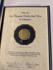 1975 Barbados $100 Proof Gold Coin Franklin Mint