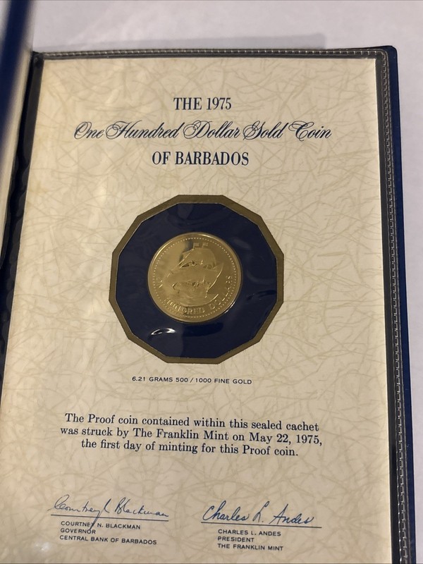 1975 Barbados $100 Proof Gold Coin Franklin Mint