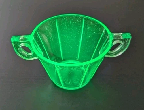 Green Uranium Depression Glass Sugar Bowl With Two Handles
