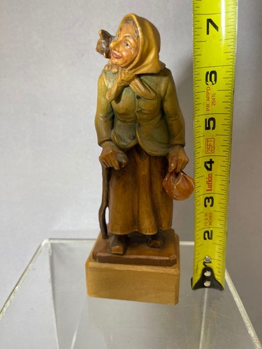 Vintage Anri handgeschnitzte alte Frau aus Holz mit Katze & Stockfigur 7 Zoll - Bild 14 von 14