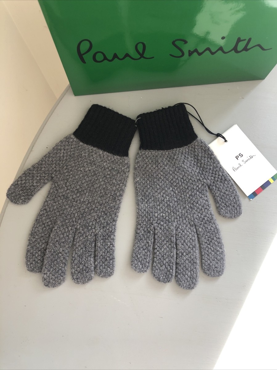 DESIGNER PAUL SMITH MENS 100% WOOL GREY BLACK TEXTURED GLOVES O/S