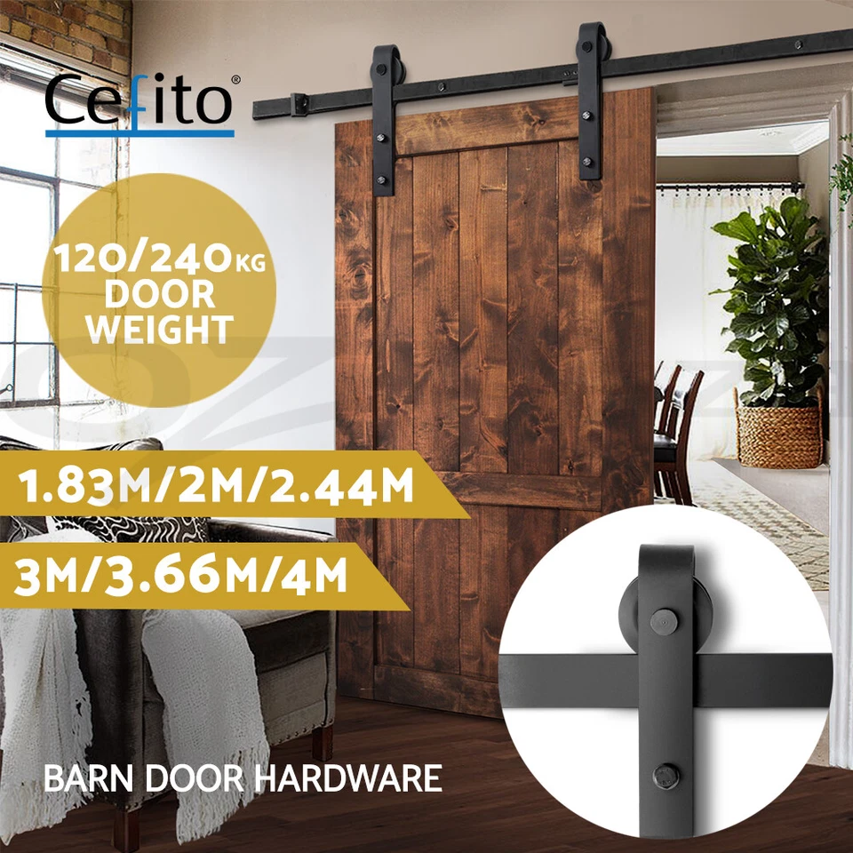 Cefito Sliding Barn Door Hardware 1.83/2/2.44/3/3.66/4M Track Set Roller Kit