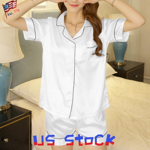Women Satin Silk Pyjamas PJs Set Ladies Short Sleeve Button Nightwear Sleepwear - Picture 19 of 27