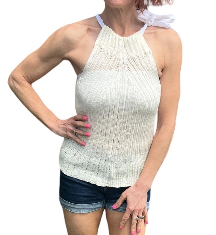 SITA MURT ANTHROPOLOGIE BEIGE ECRU COTTON KNIT SLEEVELESS SWEATER HALTER TOP 44 - Image 3 of 4
