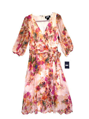 DKNY Women Faux Wrap Dress 3/4 sleeve Waist tie Orange floral print Size 8 NWT