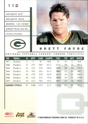 Brett Favre - 1998 Donruss Leaf Rookies & Stars #112 - Bild 2 von 2