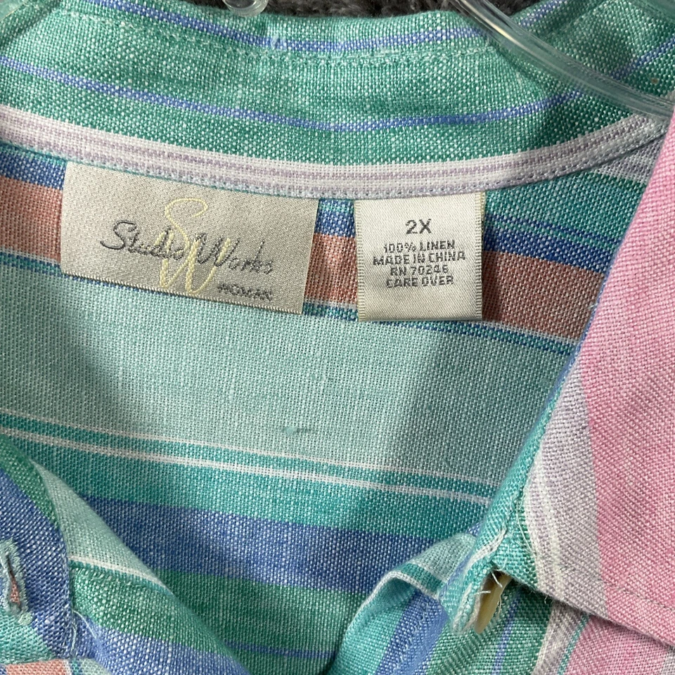 Studio Works 女式大码 2X 条纹多色亚麻纽扣衬衫 — 第 2/4 张图片