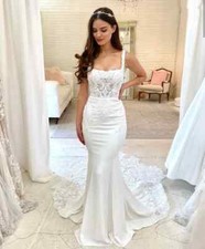 Elegant Mermaid Wedding Dresses Lace Applique Bridal Gowns Sweep Train Satin