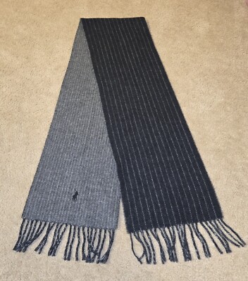 Polo Ralph Lauren Black Gray Striped Scarf Lambs Wool Blend With Fringe  Italy
