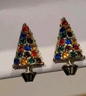 Vintage Christmas Tree Clip-on  Costume Jewelry Earrings Multicolor Rhinestone