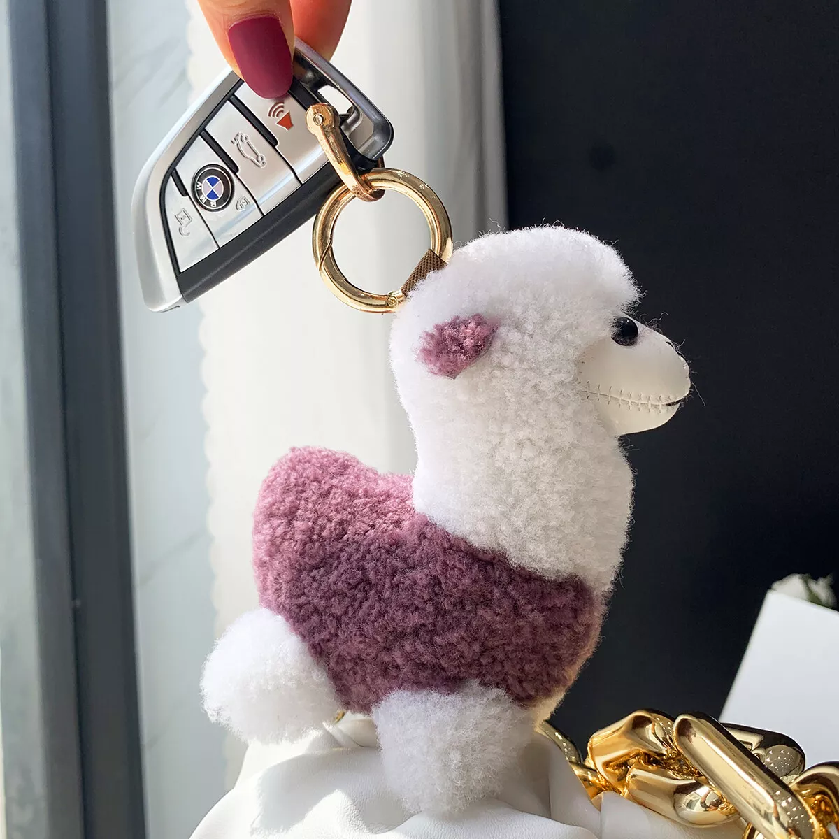 Cute Real Shearling Fur Sheep Lamb Bag Charm Keyring Bag Purse Furry  Pendant