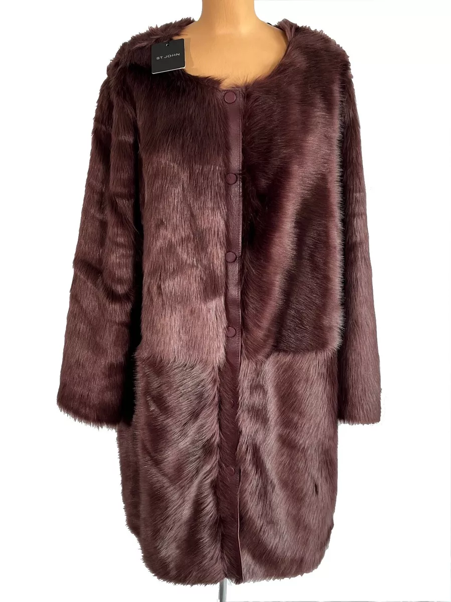 NWT ST. JOHN Knits Contrast Pattern Faux Fur Long Coat Jacket Blazer sz XL 1495
