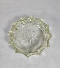 Vintage Clear Glass Ashtray Rose Pattern Round Heavy Scalloped Edge 6"
