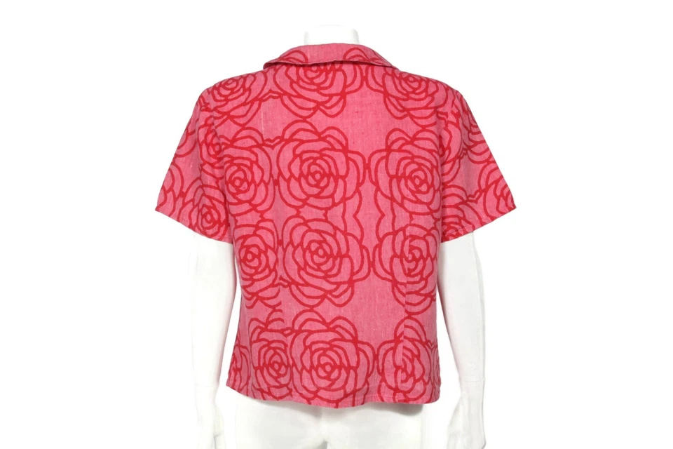 FLAX 100% Linen Pink Red Floral Rose Short Sleeve Top ssz Small /517 - Image 3 of 4
