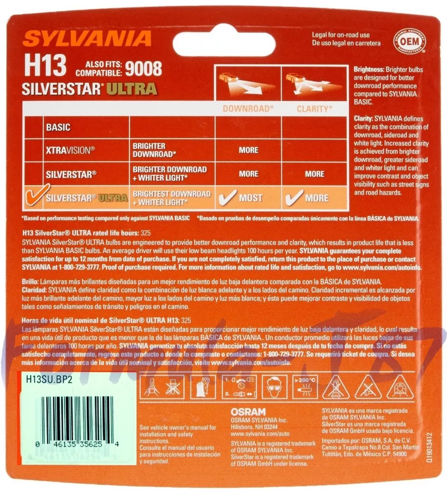 Sylvania SilverStar Ultra 9008 H13 65/55W Two Bulbs Headlight Replacement Stock - Image 3 of 4