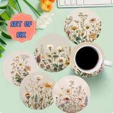 Wildflower Wooden Coasters Set of 6 Floral Drinks Mats Garden Design