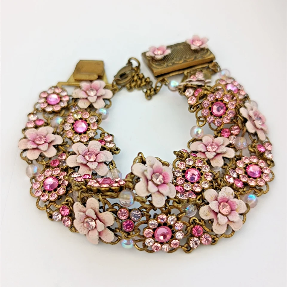 Pulsera Michal Negrin Rosa Romántica Vintage Floral Encaje Look Hada Ancha Brillante Foto 2 de 4