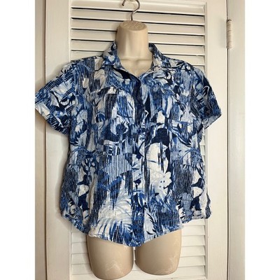 Christopher & Banks Petite Blue White Abstract Print Linen Blend Short Sleeve PL