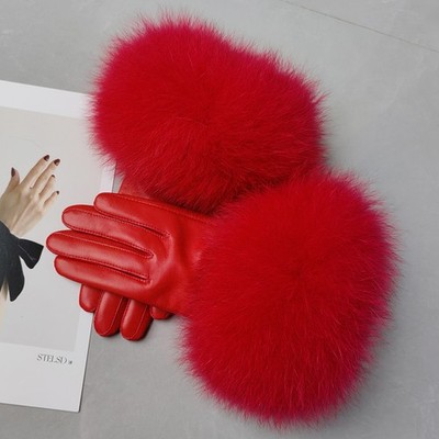 Leather Real Fur Women Gloves Winter Velvet Warm Sheepskin Gloves, Real Fox Hair