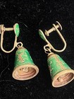 Vintage Siam Silver Green Niello Enamel Bell Screw Back Earrings