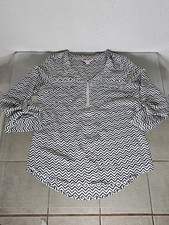 Med 00's CANDIES CHEVRON BLACK&WHITE Buisness Shirt 1/4ZIP 3/4Sleeve Casual Top