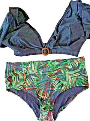 Elomi Amazonia/Simply Be 22/24 Black Mix Cap Sleeves Padded High Waist Bikini
