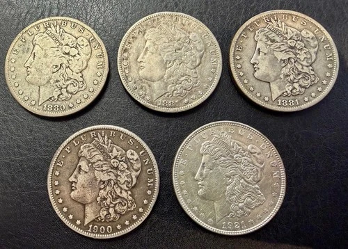 Lot of (x5) 1880-O 1881-O 1881-S 1900-O 1921-P Morgan Silver Dollars $1 Coins