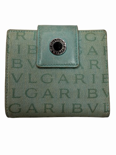 Bulgari Women’s Green Logo Canvas Leather Small Compact Bifold Wallet Italy