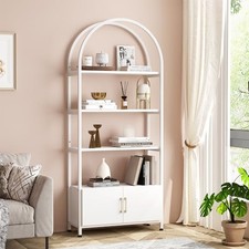 Arched Bookshelf, Modern Bookcase with Doors Storage, 71.5 in Tall White