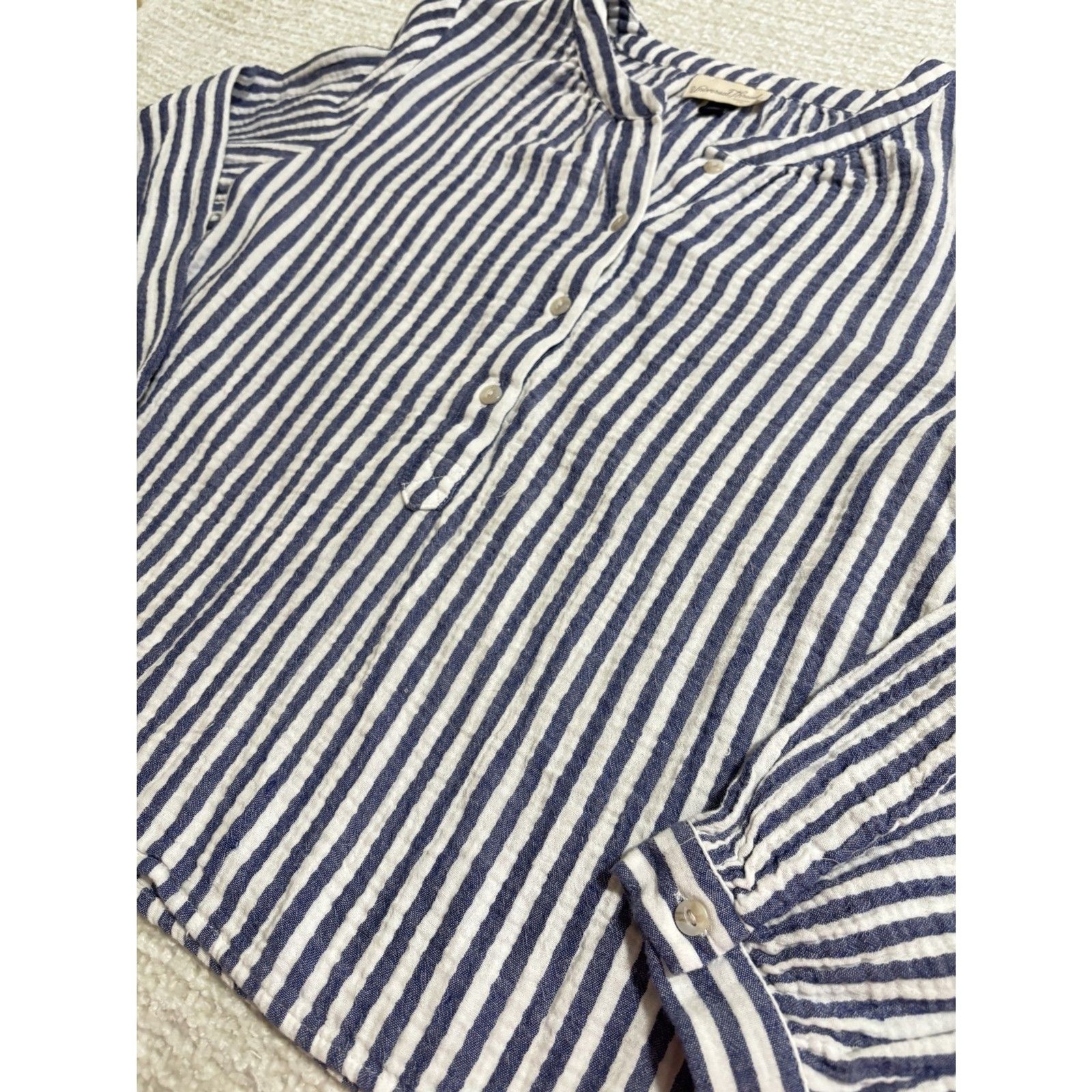 Universal Thread Striped Cotton Blouse M Blue Whi… - image 5
